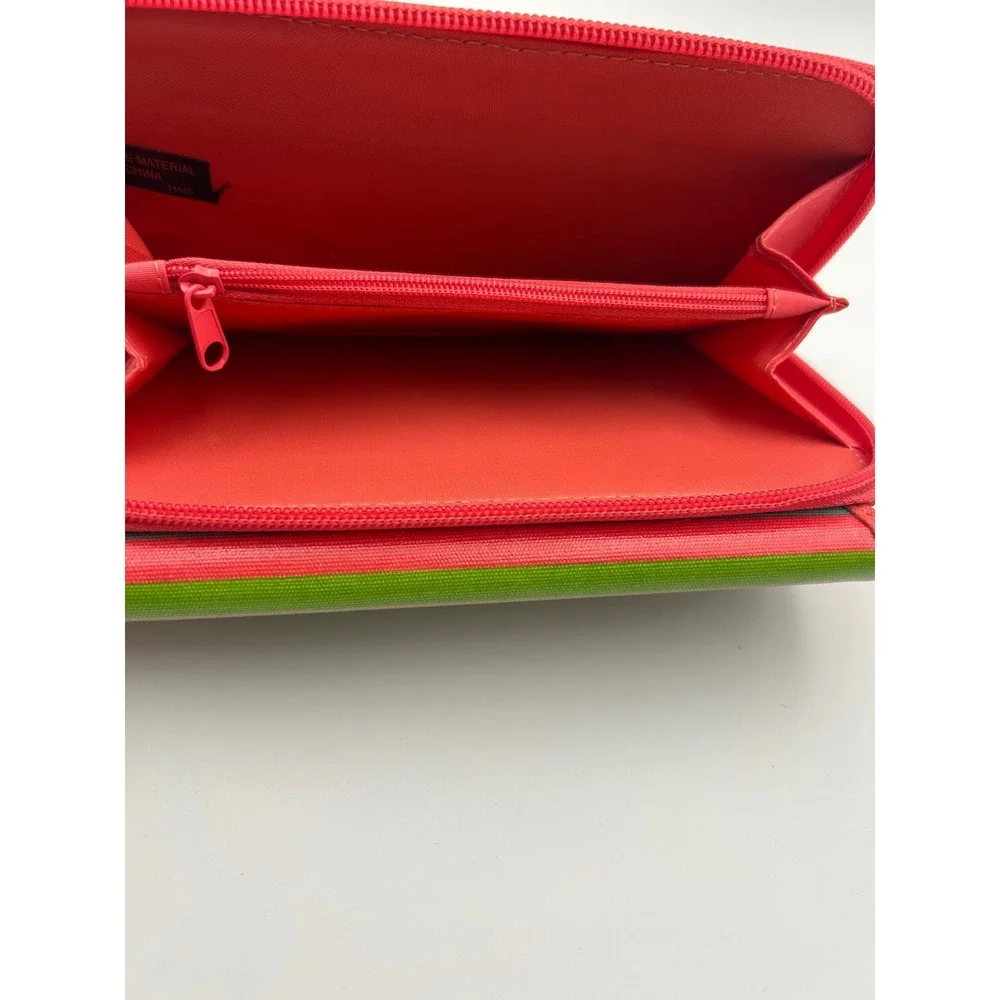 Multicolor Striped Trifold Zip Around Wallet Red Teal Tan Canvas Organizer